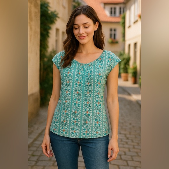 Isis Tops - ISIS Teal Aqua Art Deco Print Cotton Cap Sleeve Blouse - Size 8